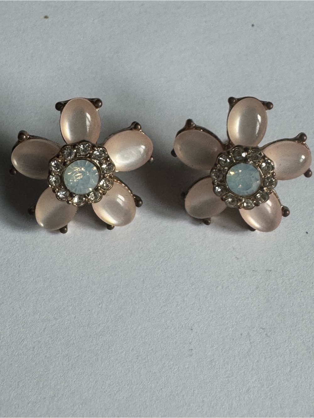 Pastel Pink Cabochon Floral Earrings with Aurora Borealis Colored Center Stones